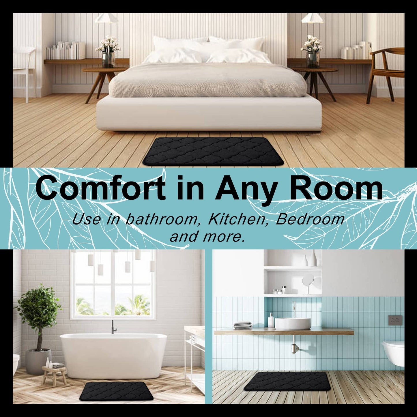OLANLY Absorbent Memory Foam Bath Rug – Black