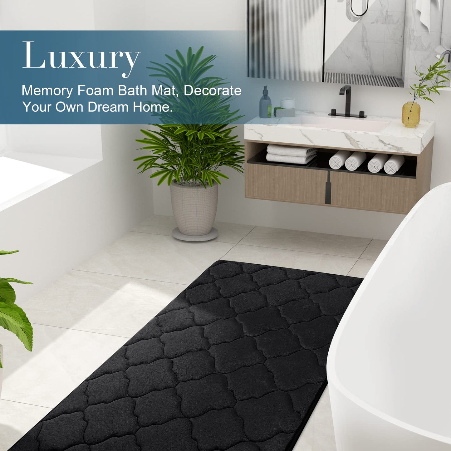 OLANLY Absorbent Memory Foam Bath Rug – Black